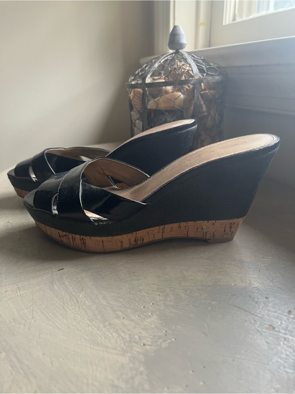 Marc Fisher Black a Patent Cork Wedge Slide Sandals